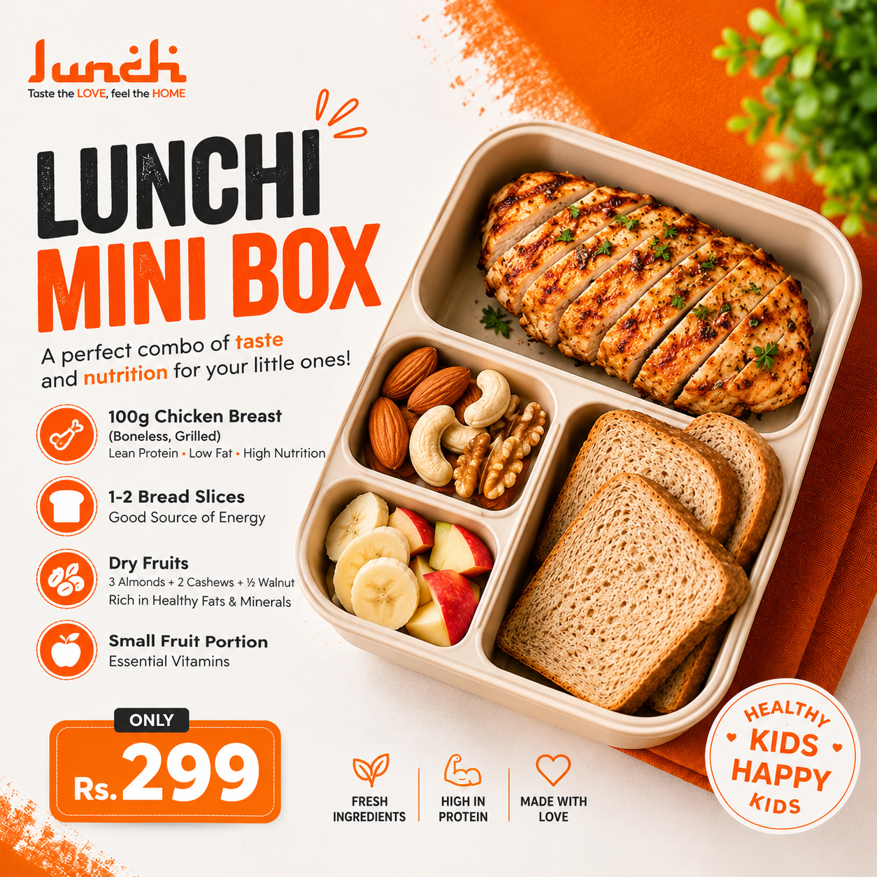 Lunchi Mini Box with grilled chicken breast, bread slices, dry fruits and a small fruit portion